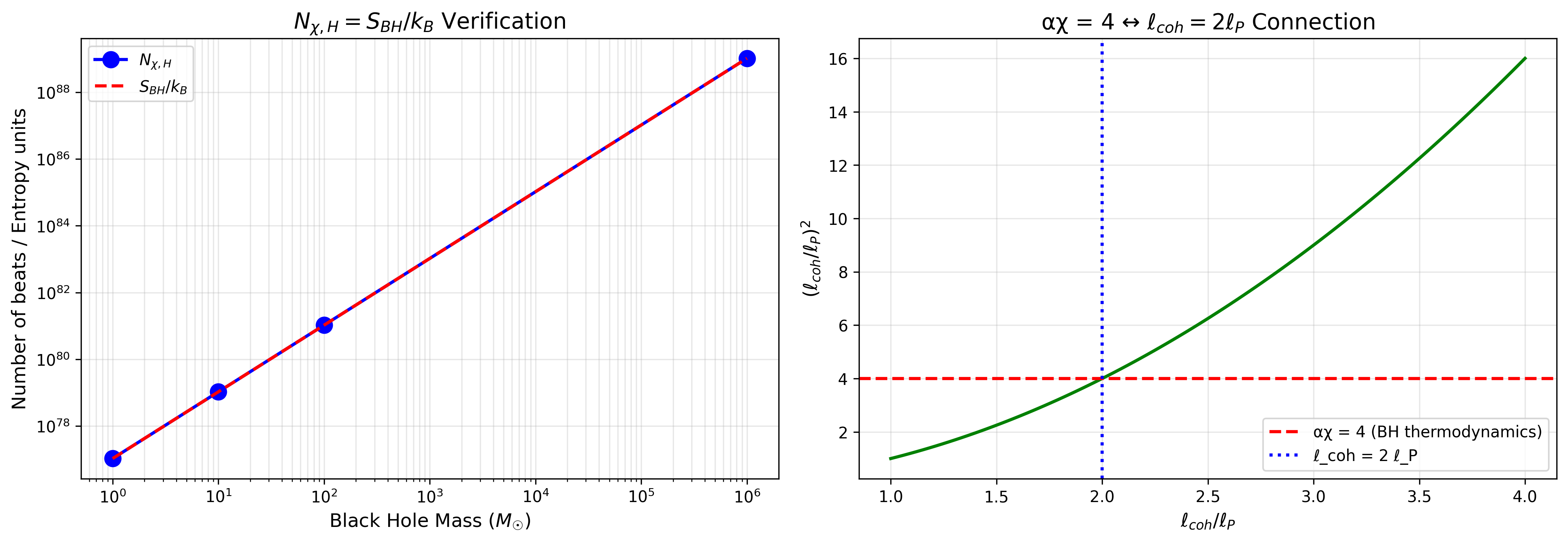 N_{χ,H} = S_BH/k_B の検証と α_χ ↔ ℓ_coh 接続